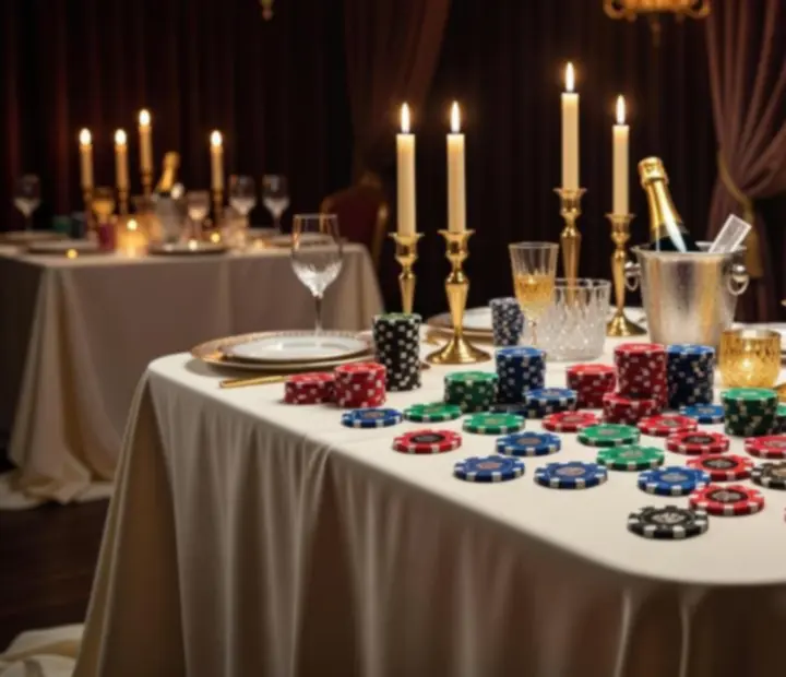 Décor élégant de soirée professionnelle avec lumière tamisée, drapés et table de jeu soignée