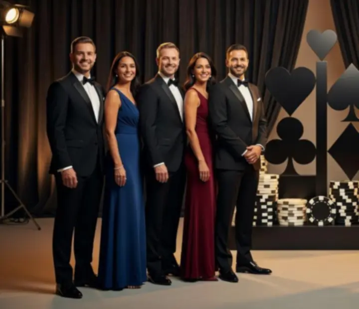 Équipe d'animateurs et d'hôtesses souriants prêts à accueillir les invités d'une soirée d'entreprise