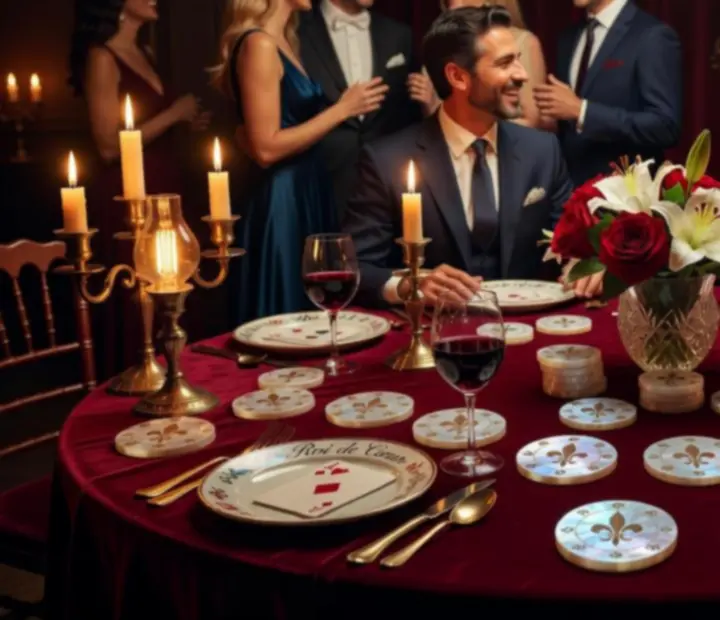 Teaser visuel d'une ambiance de soir&eacute;e D&eacute;couvria&nbsp;: lumi&egrave;res feutr&eacute;es, table de poker d&eacute;corative et invit&eacute;s plong&eacute;s dans l'&eacute;change