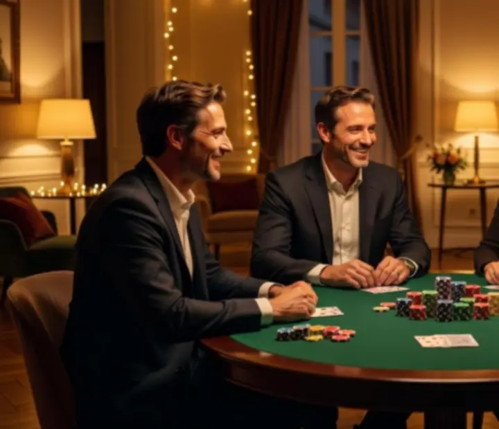 Groupe d’invités adultes rieurs autour d’une table de poker scénographiée