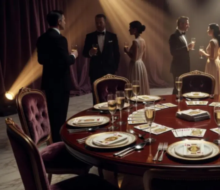 Ambiance de soir&eacute;e poker &eacute;l&eacute;gante avec lumi&egrave;res feutr&eacute;es, table dress&eacute;e et cartes en d&eacute;coration