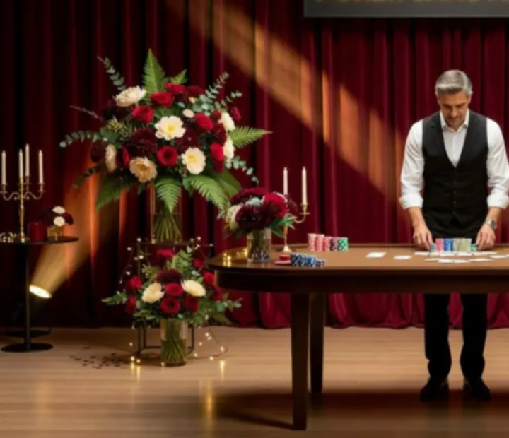 Scénographie de célébration avec rideaux de velours, lumière dorée et table de poker élégante
