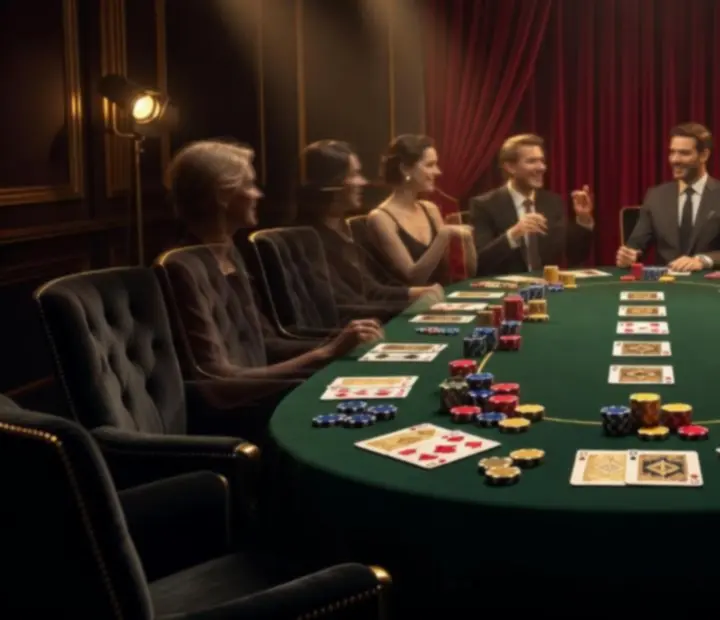 Table de soirée poker éclairée avec une lumière chaude et artistique, sans argent réel
