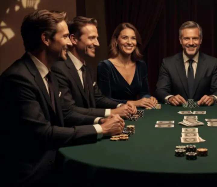 Table de soirée d'entreprise inspirée du poker, avec collaborateurs réunis dans une ambiance chaleureuse