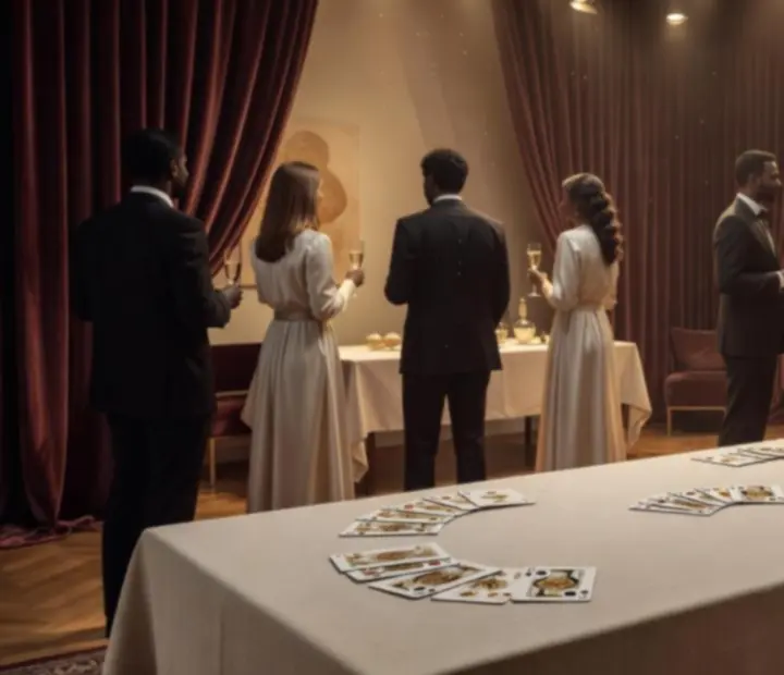 Ambiance de studio feutrée avec lumière dorée et table élégamment dressée