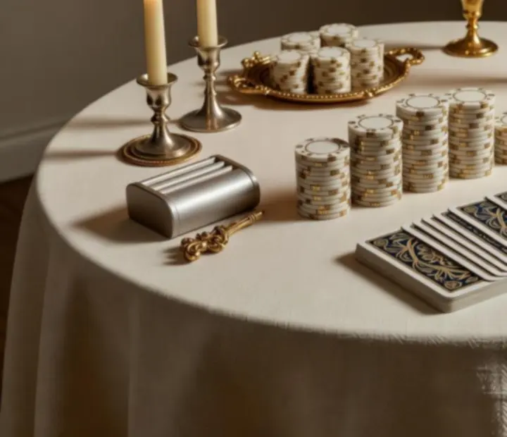 Table de poker scénographiée avec nappage, bougies et éclairage chaleureux