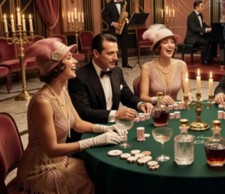 Table de soirée années folles avec décor art déco, bougies et accessoires dorés.