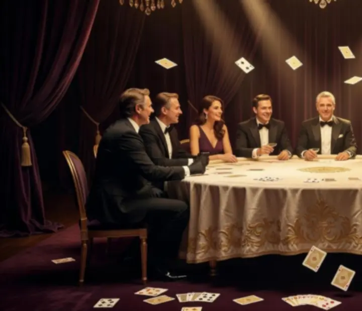 Table de soirée à thème avec lumière de studio, cartes décoratives et ambiance feutrée.