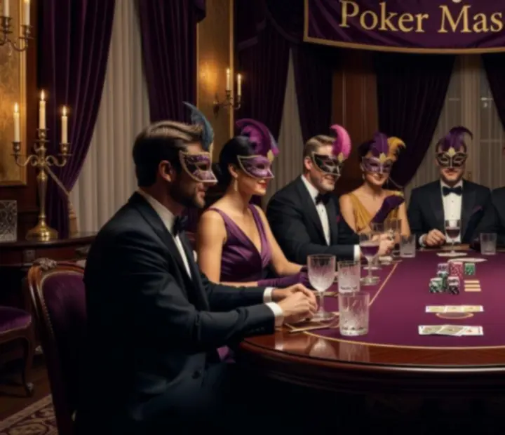 Invités masqués autour d'une table de soirée poker masqué dans une ambiance feutrée.